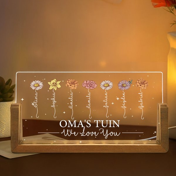Gepersonaliseerde Geboortebloemen Rechthoekige Acryl LED-nachtlamp met Houten Voet en 1–12 Namen Moederdagcadeau voor Mama en Oma