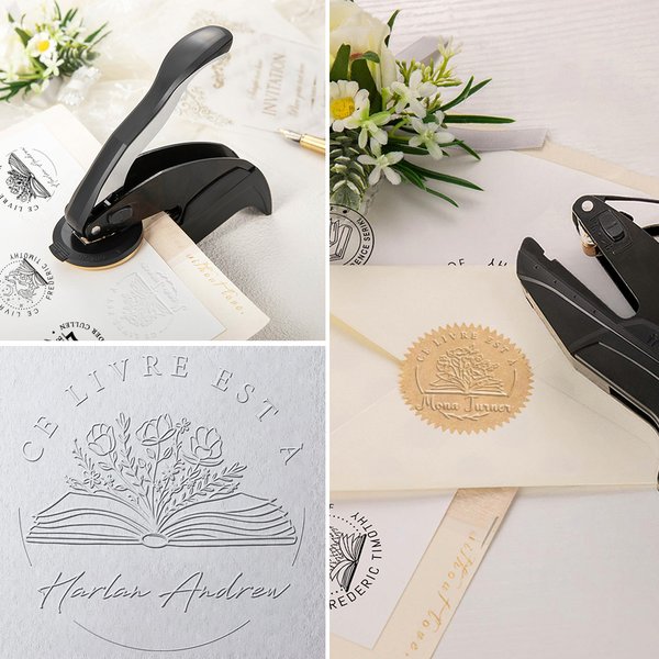 Tampon de Gaufrage Personnalisé avec Nom et Texte en Sac de Stockage Noir Pince à Gaufrer pour Librairie Cadeau Noël pour Lecteurs Club de Livres