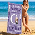 Personalisiertes Strandtuch mit Cartoon-Figur Initiale und Namen-Wortwolke schnelltrocknendes Badetuch Reisezubehör Geburtstag Geschenk für Familie
