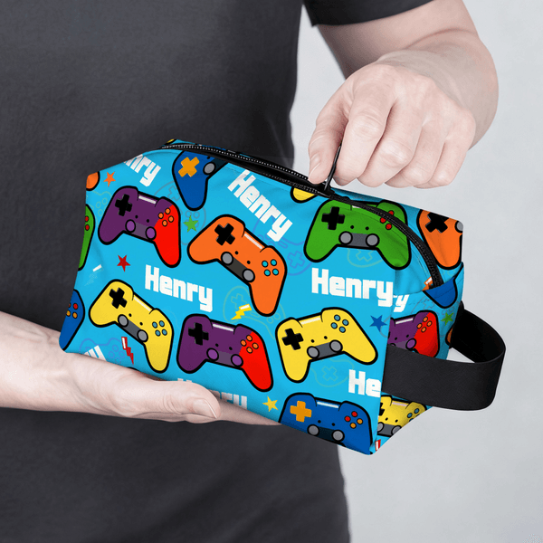 Neceser portátil personalizado multicolor Gamepad con nombre y asa Accesorio de viaje Regalo de cumpleaños para familiares amigos