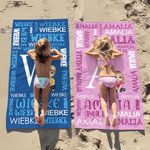 Personalisiertes Strandtuch mit Cartoon-Figur Initiale und Namen-Wortwolke schnelltrocknendes Badetuch Reisezubehör Geburtstag Geschenk für Familie