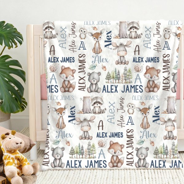 Personalised Cute Hand Painted Animals Soft Throw Blanket with Name and Initial Home Decor Daily Use Birthday Gift for Kids
