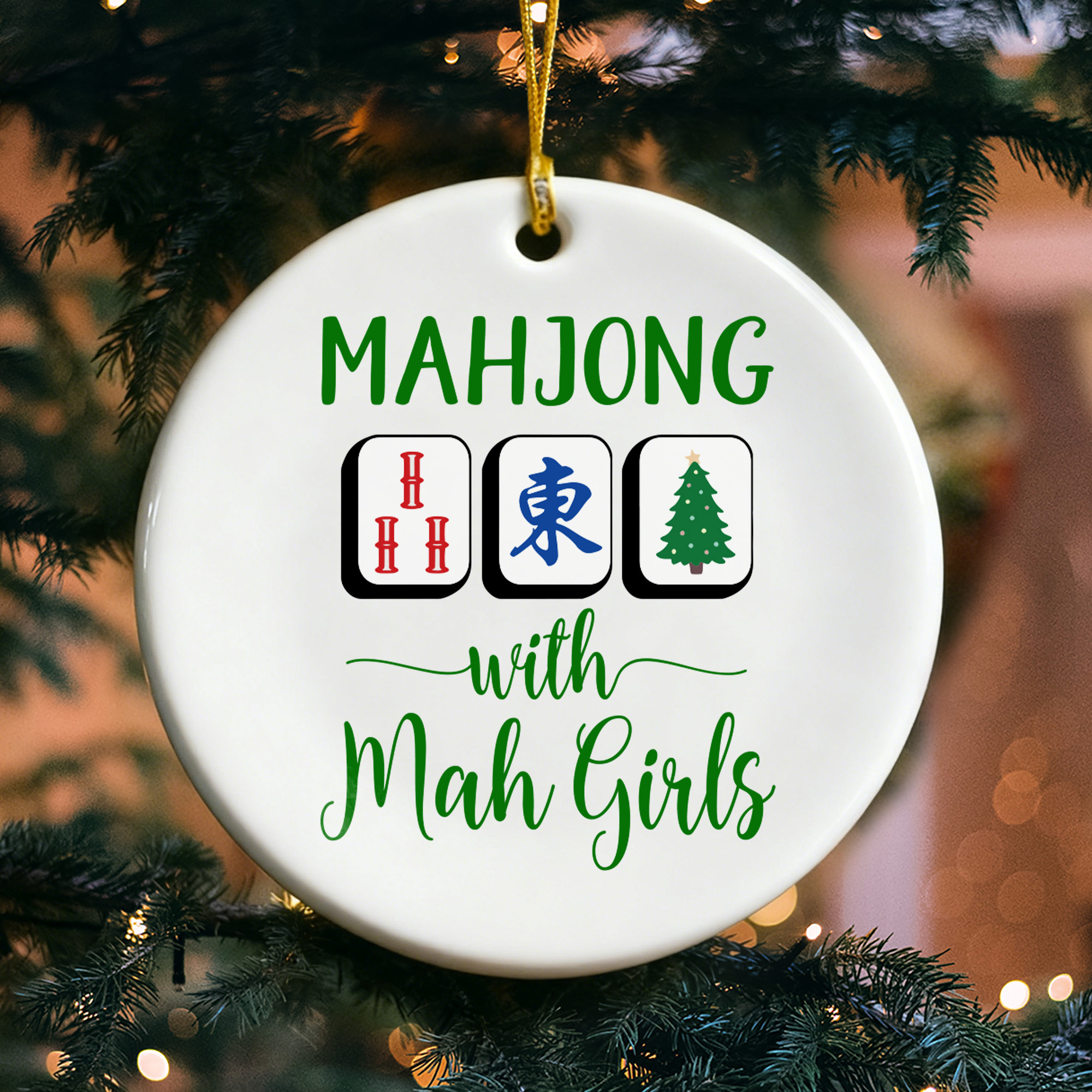 Ornement de Noël personnalisé Mahjong avec Mah Girls avec nom et année Cadeau de Noël pour Mahjong Lover Player