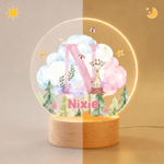 Personalized Cute Wreath Animal Forest Clouds Acrylic LED Night Light with Initial Name and Wooden Base Nursery Decor Birthday Gift for Boys Girls