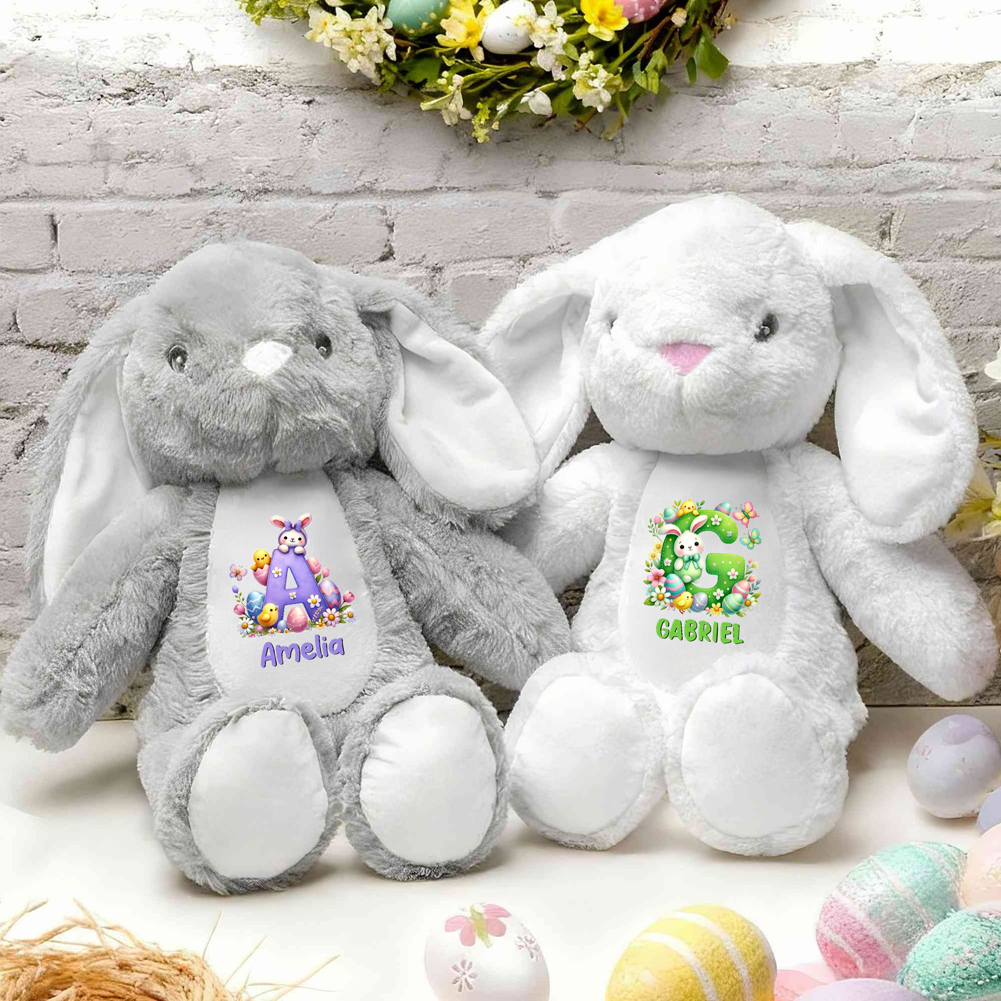 Oeuf de Pâques personnalisé lapin en peluche fleurs peluche lapin avec initiale et nom cadeau de Pâques pour garçon fille