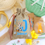 Personalized Cartoon Bunny Easter Egg Drawstring Candy Gift Bag with Initial and Name Easter Gift for Boys Girls