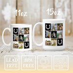 Personalized Paw Print Horseshoe Nine-Square Grid Pet Photos 11 oz 15 oz Ceramic Mug with Name and Initial Birthday Gift for Pet Horse Owners