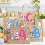 Conejito de Pascua de dibujos animados personalizado Bolsa de yute grande con nombre e inicial Regalo de Pascua para niños Familia Amigos