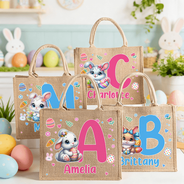 Conejito de Pascua de dibujos animados personalizado Bolsa de yute grande con nombre e inicial Regalo de Pascua para niños Familia Amigos