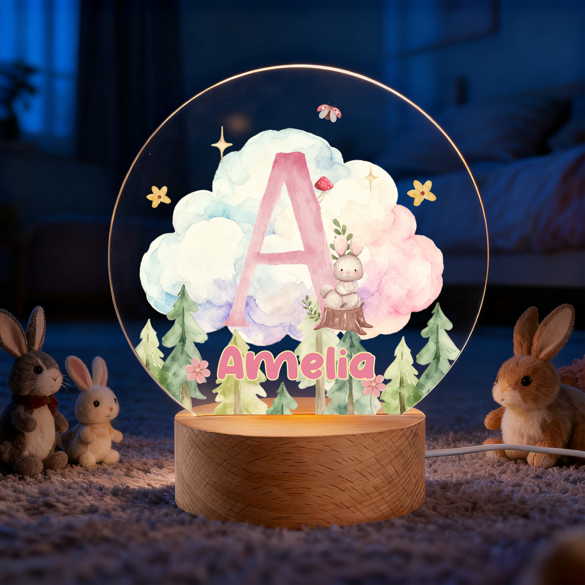 Veilleuse LED en acrylique avec initiales du nom et socle en bois Décoration de chambre d'enfant Cadeau d'anniversaire pour garçons filles