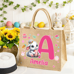 Conejito de Pascua de dibujos animados personalizado Bolsa de yute grande con nombre e inicial Regalo de Pascua para niños Familia Amigos