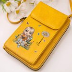 Portafoglio a tracolla in pelle PU personalizzata con personaggio fiore di nascita e nome porta telefono regalo per amici