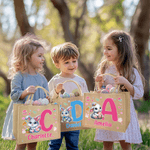 Conejito de Pascua de dibujos animados personalizado Bolsa de yute grande con nombre e inicial Regalo de Pascua para niños Familia Amigos