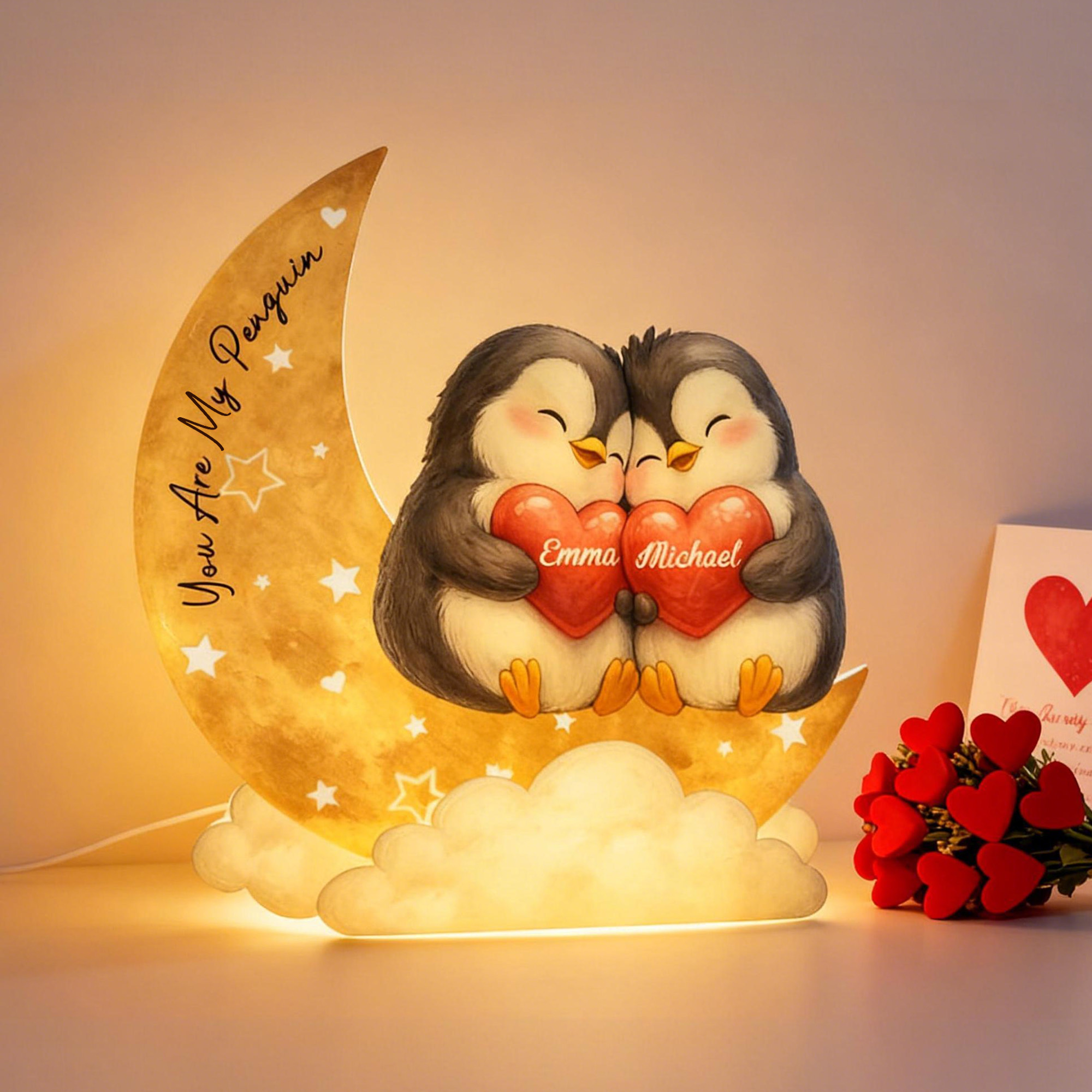 Veilleuse LED en acrylique avec nom et texte pour couple de pingouins, coeur, étoile, lune, décoration d'intérieur, cadeau d'anniversaire et de Saint-Valentin pour couple