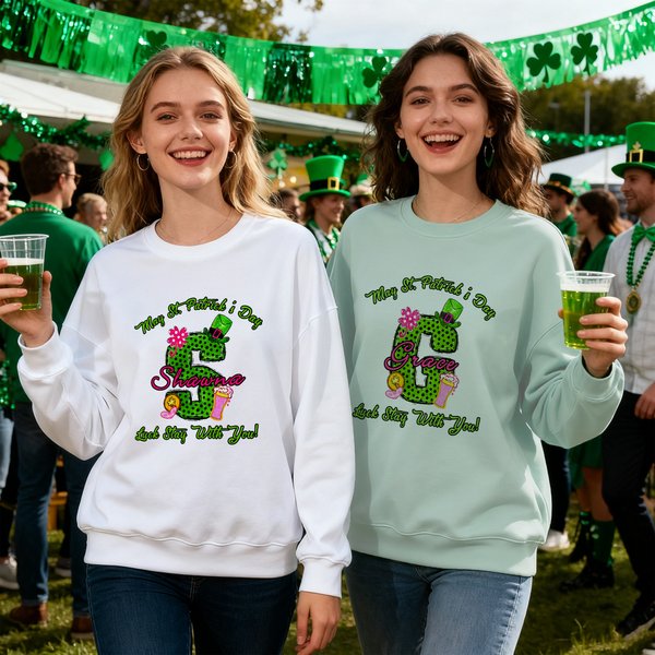Personalisierte Lucky Shamrock Bierglas Polka Dots Initial T-shirt Sweatshirt mit Namen Pub Patty Essential Saint Patrick's Day Geschenk für Familie Kinder
