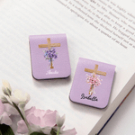Personalized Watercolor Birth Flower Cross Magnetic PU Leather Bookmark Clip with Name Birthday Gift for Book Lovers Bookworms