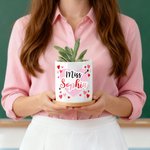 Personalized Pink Love Heart Arrow Plant Pot with Surname Text and Wooden Base Birthday Appreciation Valentine's Day Gift for Teacher