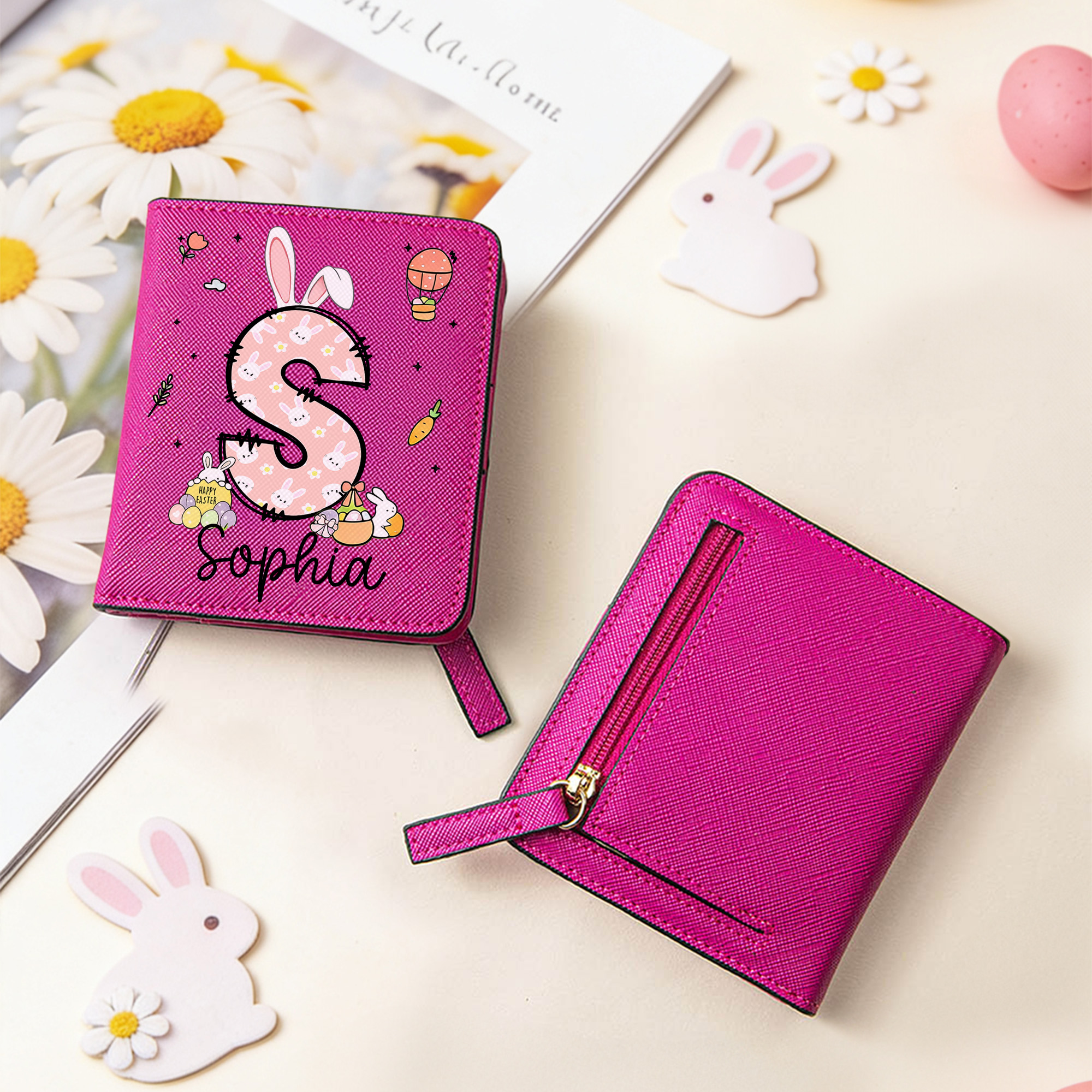 Oreilles de lapin de Pâques personnalisées Portefeuille en cuir PU avec nom Cadeau de Pâques pour filles