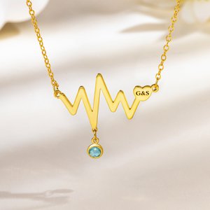 Personalized Electrocardiogram Heart Birthstone Necklace with Monogram Dainty Jewelry Birthday Anniversary Gift for Women