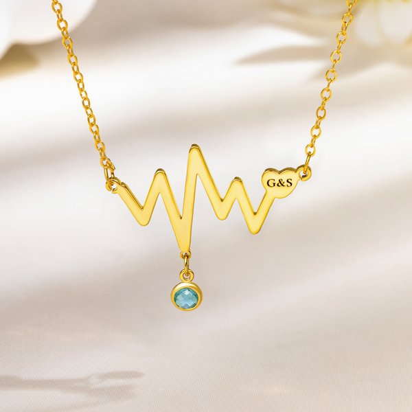 Personalised Electrocardiogram Heart Birthstone Necklace with Monogram Dainty Jewellery Birthday Anniversary Gift for Women