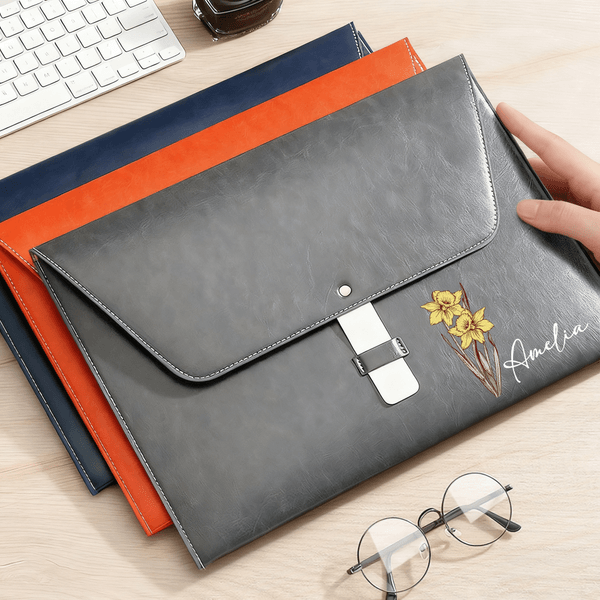 Personalized Birth Flower PU Leather A4 File Folder with Name Waterproof Business Trip Essentials Office Birthday Gift for Office Workers Students