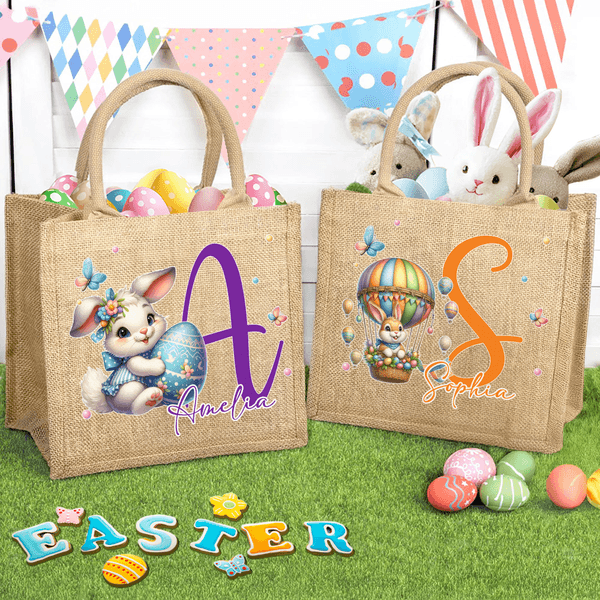 Personalised Easter Eggs Cute Rabbit Jute Tote Bag with Initial and Name Egg Hunting Party Easter Gift for Boys Girls