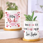 Personalized Pink Love Heart Arrow Plant Pot with Surname Text and Wooden Base Birthday Appreciation Valentine's Day Gift for Teacher
