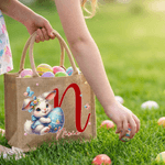 Personalised Easter Eggs Cute Rabbit Jute Tote Bag with Initial and Name Egg Hunting Party Easter Gift for Boys Girls
