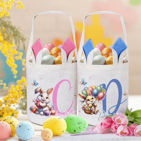 Personalised Cute Easter Rabbit Bunny Ears Basket with Name and Initial Easter Eggs Hunting Party Favors Gift for Boys Girls