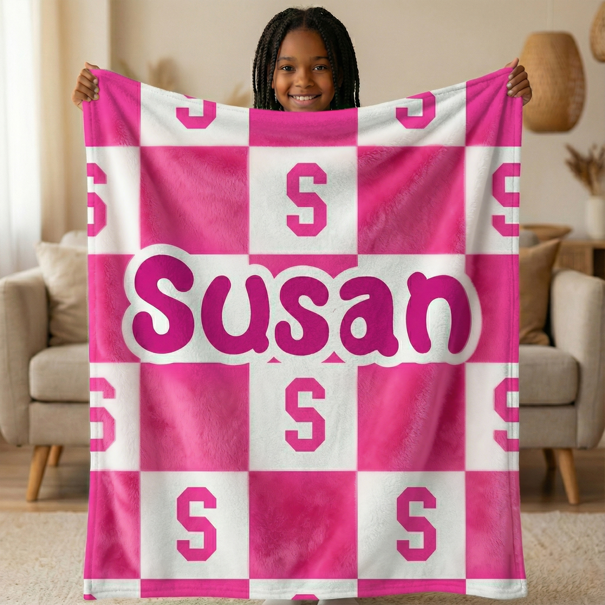 Couverture douce à carreaux multicolores personnalisée avec nom et initiales Cadeau d'anniversaire pour enfants