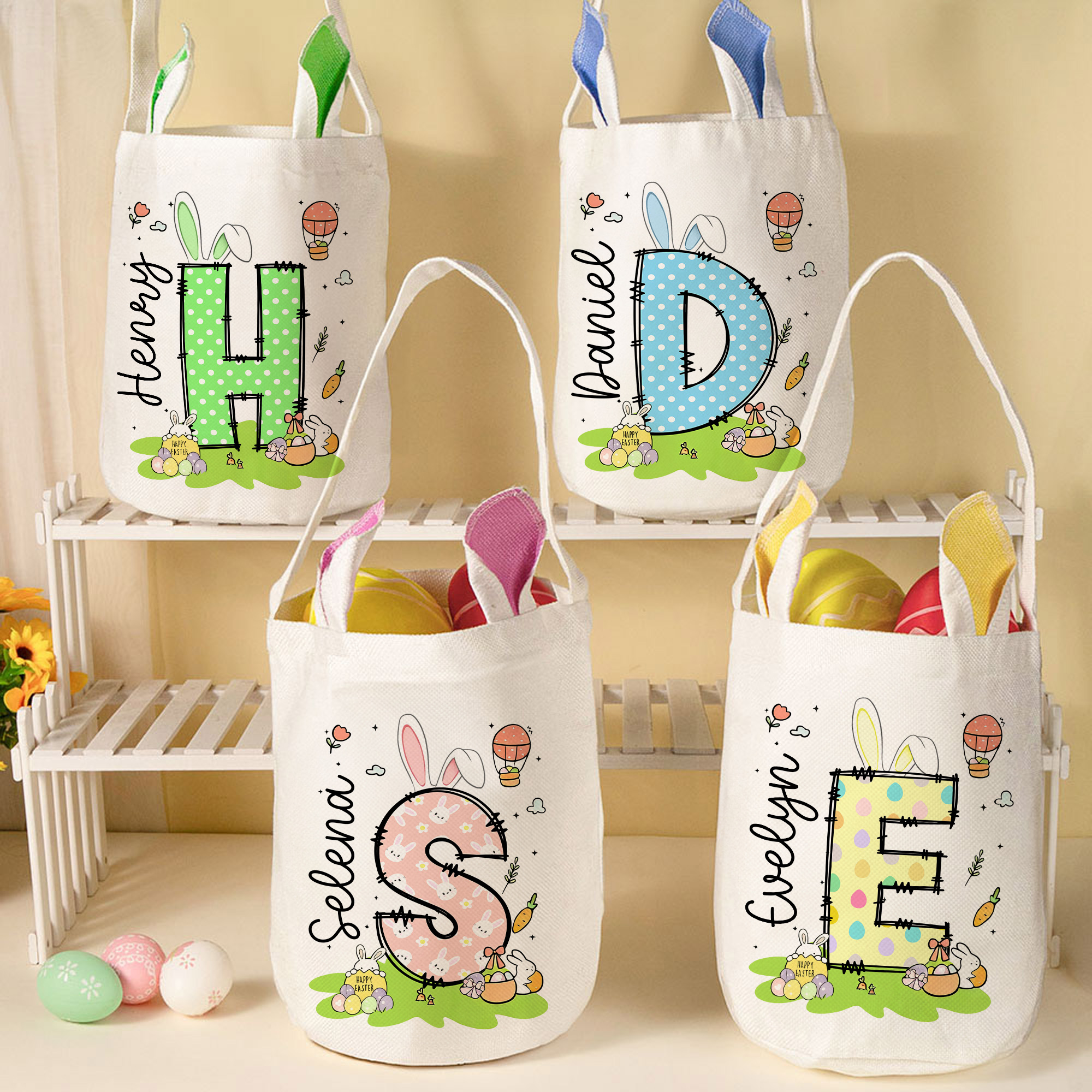 Panier d'oeufs de Pâques personnalisé avec nom et initiales Cadeau de chasse aux oeufs de Pâques pour garçons et filles
