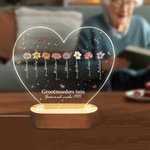 Gepersonaliseerd Geboortebloemen Hartvormige Acryl LED Nachtlampje met Houten Voet en 1–12 Namen Moederdag Verjaardagscadeau voor Mama en Oma