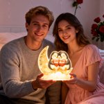 Personalized Penguin Couple Heart Star Moon Acrylic LED Night Light with Name and Text Home Decor Birthday Valentine's Day Gift for Couple