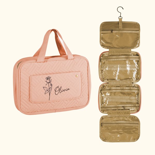 Trousse de toilette suspendue et pliable avec nom et quatre compartiments Cadeau d'anniversaire et de fête des mères pour les femmes