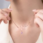 Personalised Electrocardiogram Heart Birthstone Necklace with Monogram Dainty Jewellery Birthday Anniversary Gift for Women