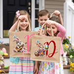 Personalised Easter Eggs Cute Rabbit Jute Tote Bag with Initial and Name Egg Hunting Party Easter Gift for Boys Girls