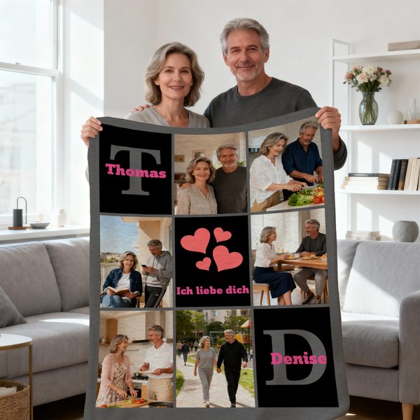 Personalisierte Fotocollage Decke mit 6 Fotos Namen und Liebesspruch weiche Kuscheldecke Wohndeko Valentinstag Jahrestag Geburtstag Geschenk für Paare