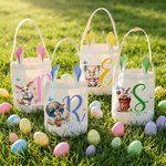 Personalised Cute Easter Rabbit Bunny Ears Basket with Name and Initial Easter Eggs Hunting Party Favors Gift for Boys Girls