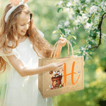 Personalised Easter Eggs Cute Rabbit Jute Tote Bag with Initial and Name Egg Hunting Party Easter Gift for Boys Girls