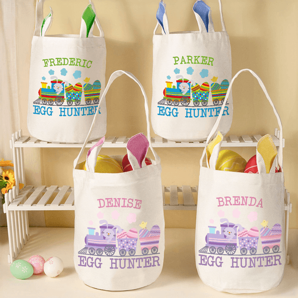 Personalized Cute Chick Rabbit Easter Eggs Train Bunny Ears Basket with Name Egg Hunting Accessories Easter Gift for Boys Girls