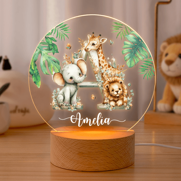 Personalized Cute Cartoon Forest Animal LED Night Light with Name Initial and Wooden Base Home Decor Birthday Gift for Kids