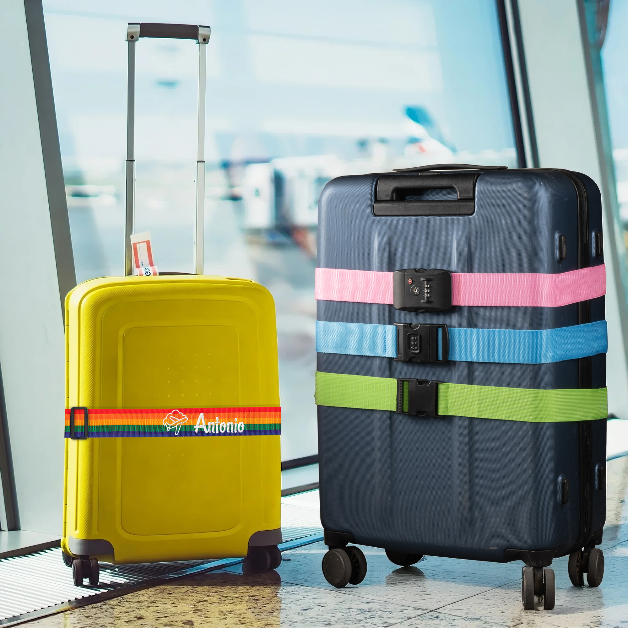 Courroie de bagage personnalisée en texte brodé multicolore pour valise 20-28 pouces Cadeau d'anniversaire essentiel pour les amoureux du voyage