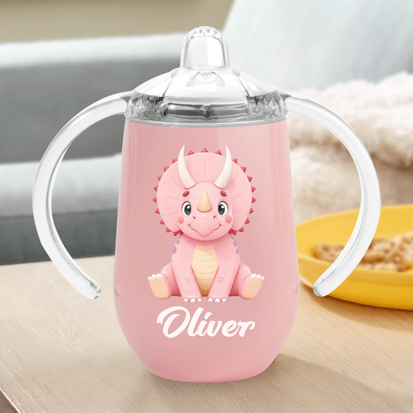 Personalized Cute Dinosaur 10 oz Thermal Insulated Sippy Cup with Name and Handle Baby Shower Birthday Gift for Toddlers Kids