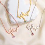 Personalised Electrocardiogram Heart Birthstone Necklace with Monogram Dainty Jewellery Birthday Anniversary Gift for Women