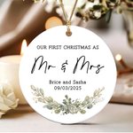 Ornamento personalizzato in ceramica con foto del nostro primo Natale con testo e data Regalo di Natale decorativo per coppie di nuovi sposi