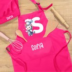 Conjunto de delantal y gorro de cocinero personalizado con diseño de animal nombre e inicial regalo de cumpleaños y fiestas para niños