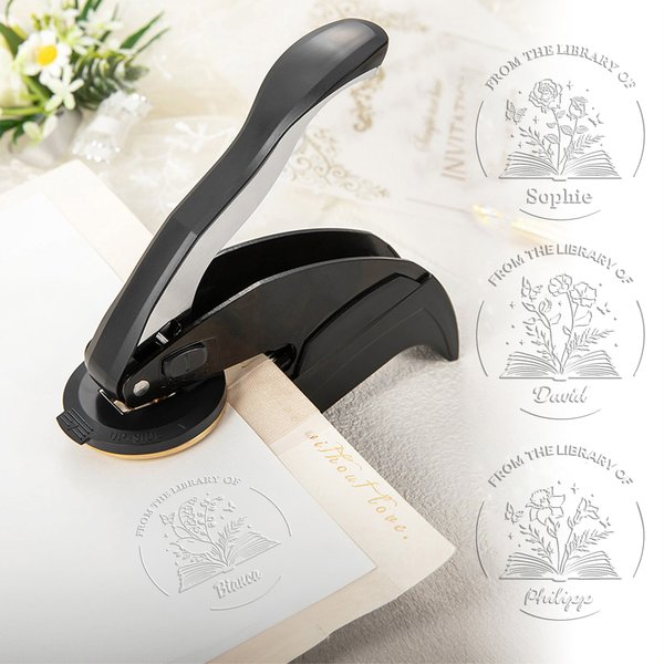 Personalized Birth Flower From The Library of Book Embosser Stamp Hand Held Embosser Set with Text and Name Birthday Gift for Book Lovers
