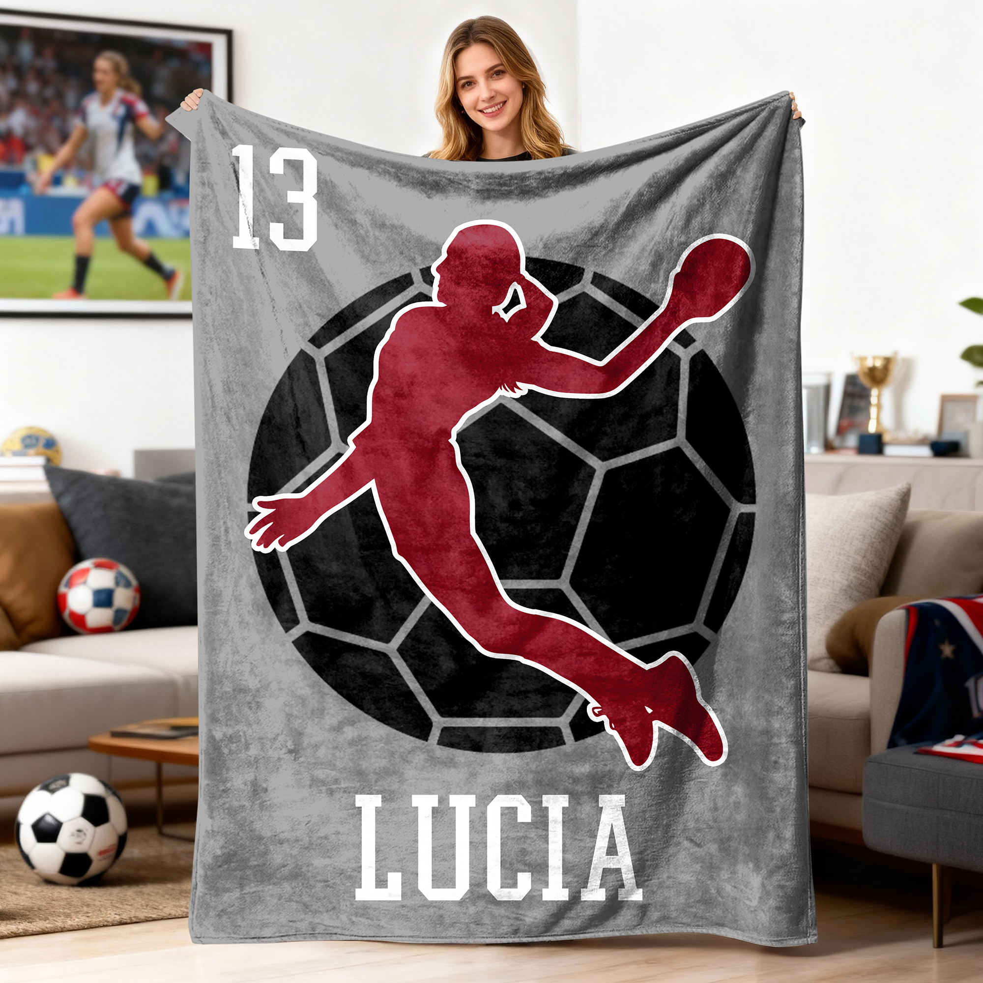 Couverture douce personnalisée avec silhouette nom et numéro - Cadeau d'anniversaire pour passionné de sport