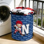 Personalized Cute Cartoon Ice Hockey Player Character Laundry Basket with Initial and Name Team Birthday Gift for Hockey Players Lovers