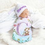 Set de manta y gorro personalizados de algodón 100% con guirnalda de flores y animales con nombre Regalo de cumpleaños para baby shower para recién nacidos